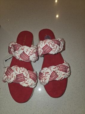 Braided Double-Strap Red Slide Sandals - Women Brand New